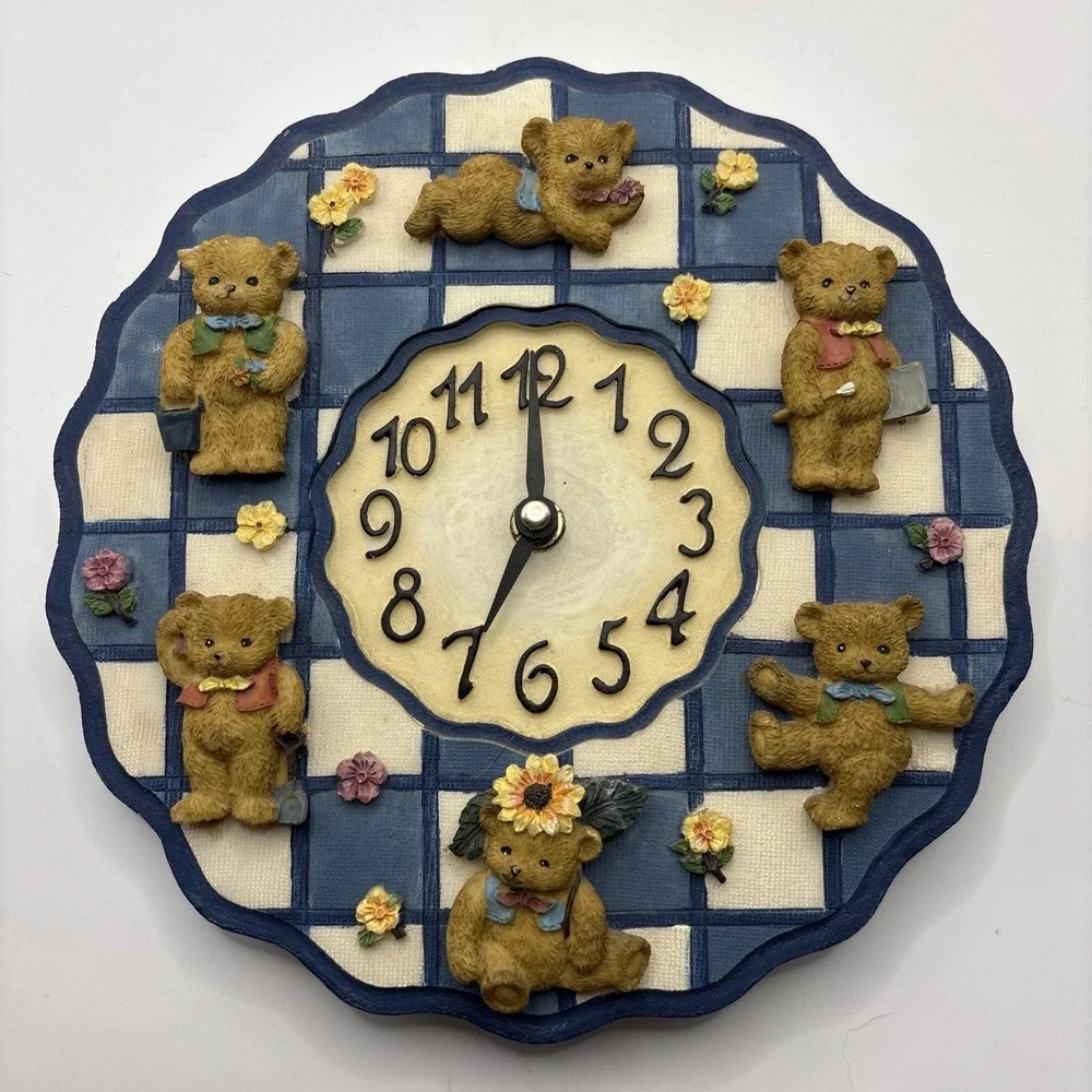 Vintage Resin Teddy Bear Kids Nursery Wall Hanging Clock Blue Check Not Working